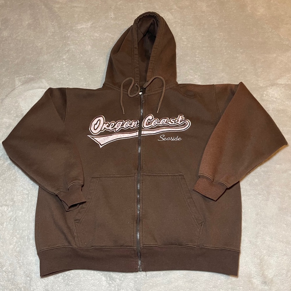 Cheneral Hoodie Adult Small Brown Oregon Coast Seaside Full Zip Sweatshirt Y2K